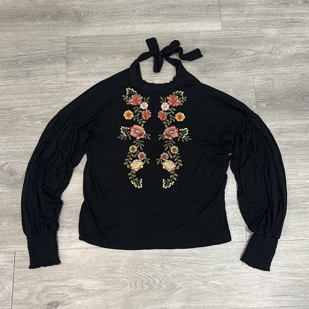 Women’s Black High Neck Long Sleeve Shirt Embroidered Blouse Top Small - Picture 3 of 10